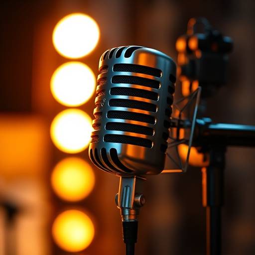 Bilde av en mikrofon i et studio som representerer dubbing av filmer og serier.