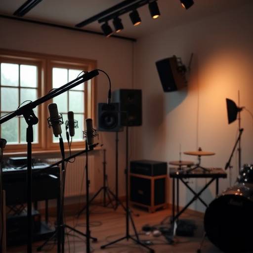 Bilde av Lydkunstnernes studio interiør, som viser mikrofoner og lydutstyr.