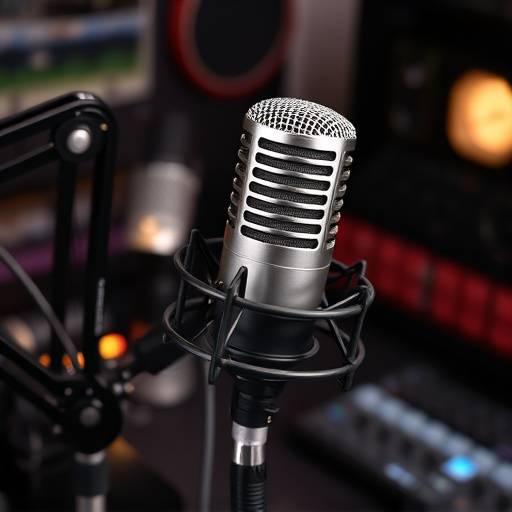 En mikrofon omgitt av instrumenter og noteark, representerer voiceover for musikkindustrien.
